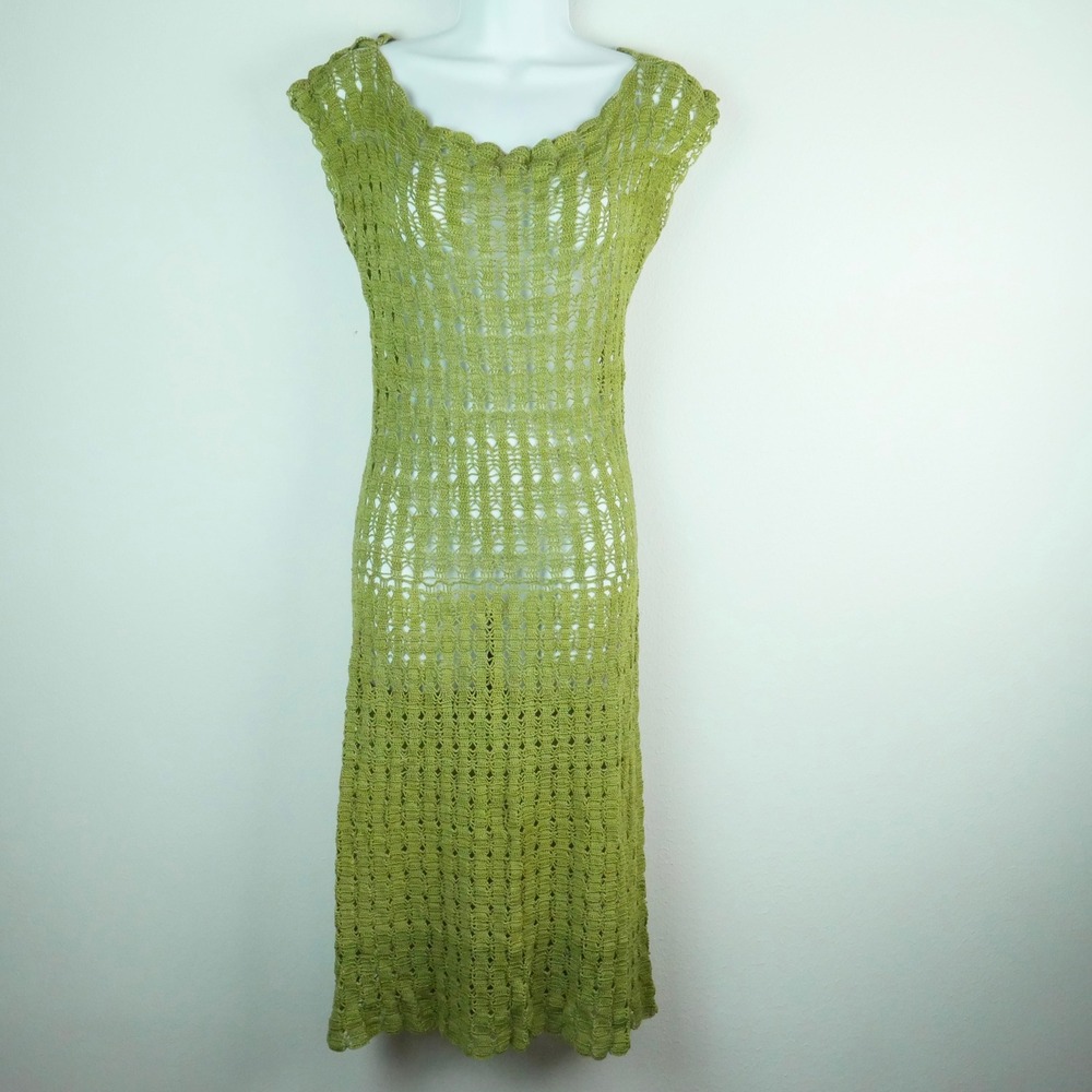 Vintage Handmade Crochet Midi Dress Moss Green Open Knit Beachy Boho 70s XS S